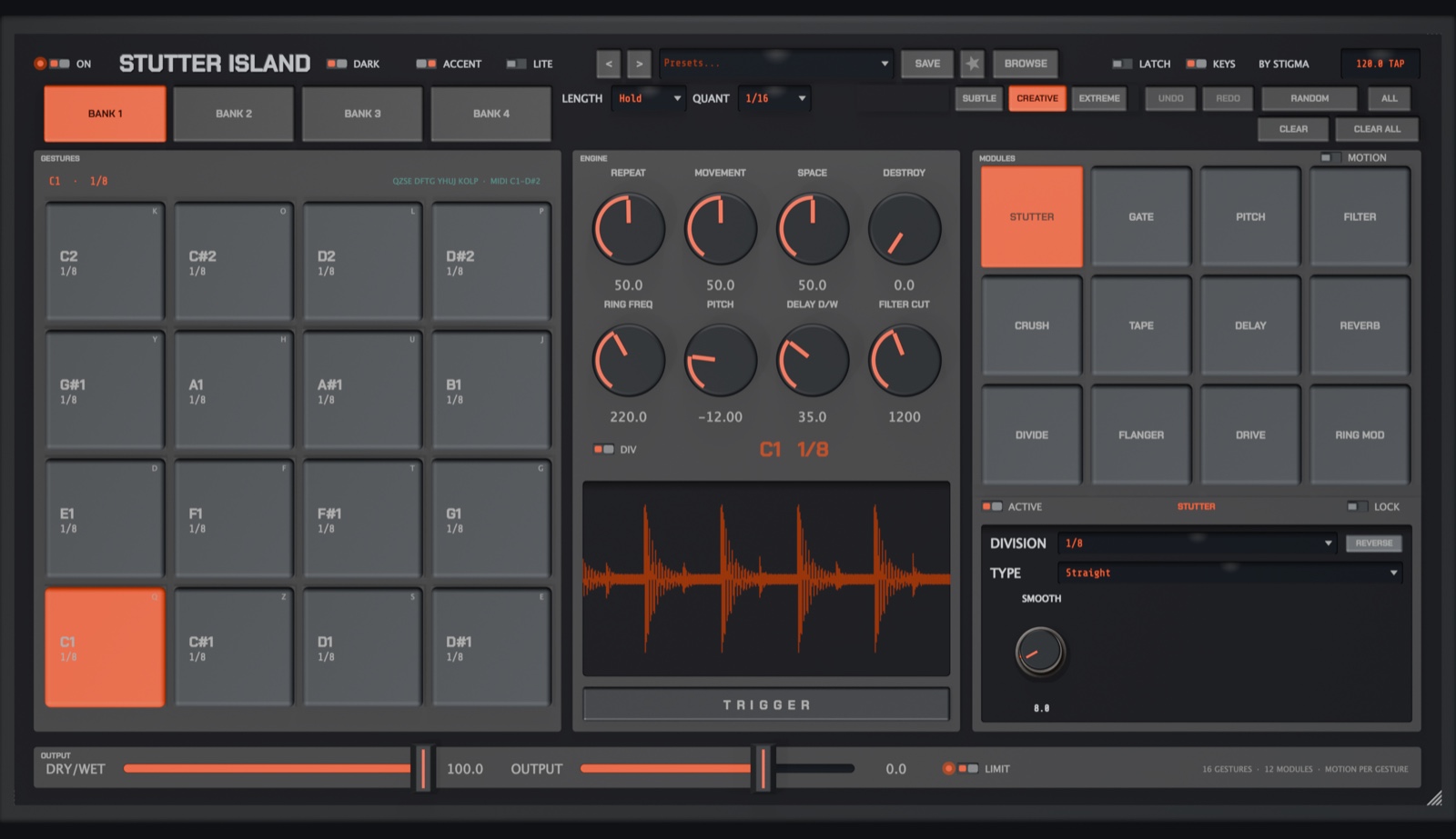 Dark theme, orange accent