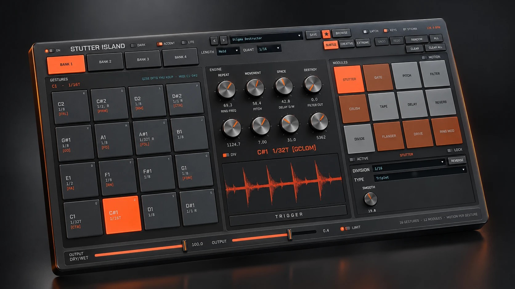 Stutter Island — dark theme, orange accent